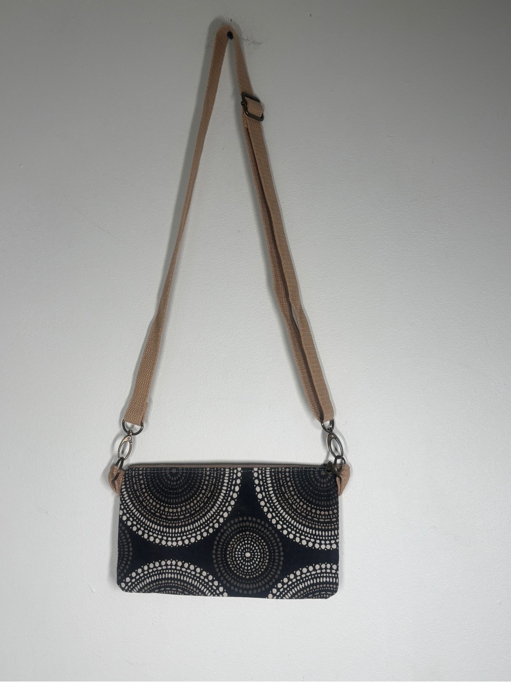 Black Patterned Crossbody Bag with Tan Adjustable Strap